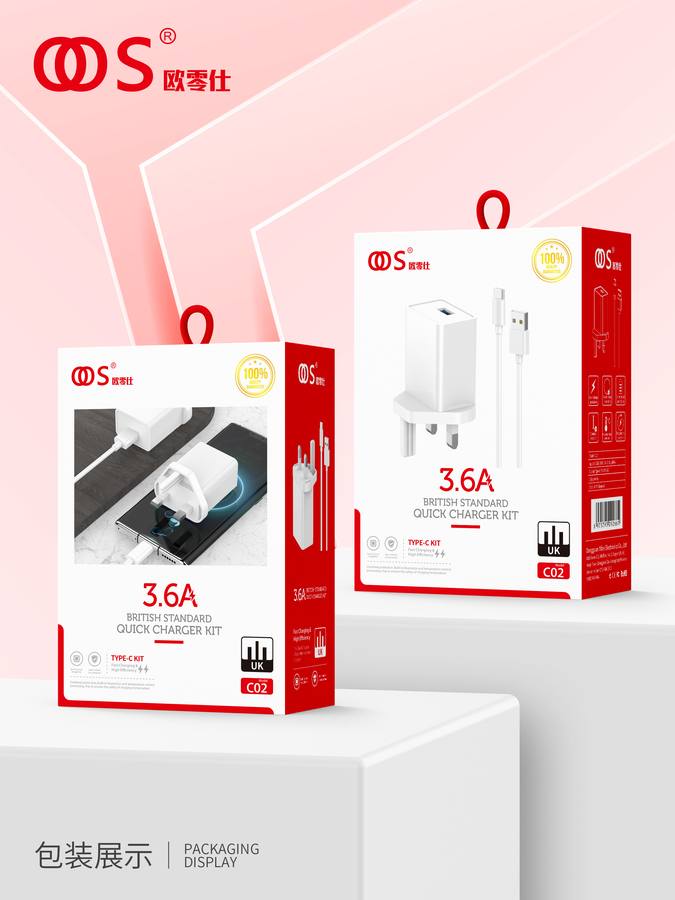 C02 - UK Plug Chargers wholesale, factory packaging shown