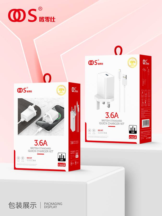 C02A - UK Plug Chargers wholesale, factory packaging shown
