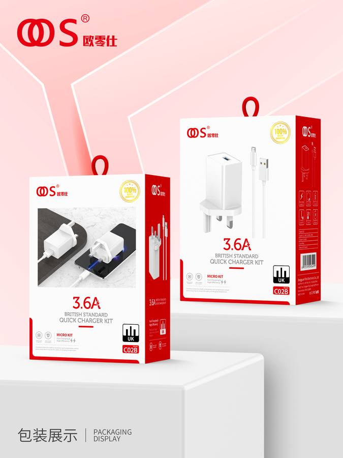 C02B - UK Plug Chargers wholesale, factory packaging shown